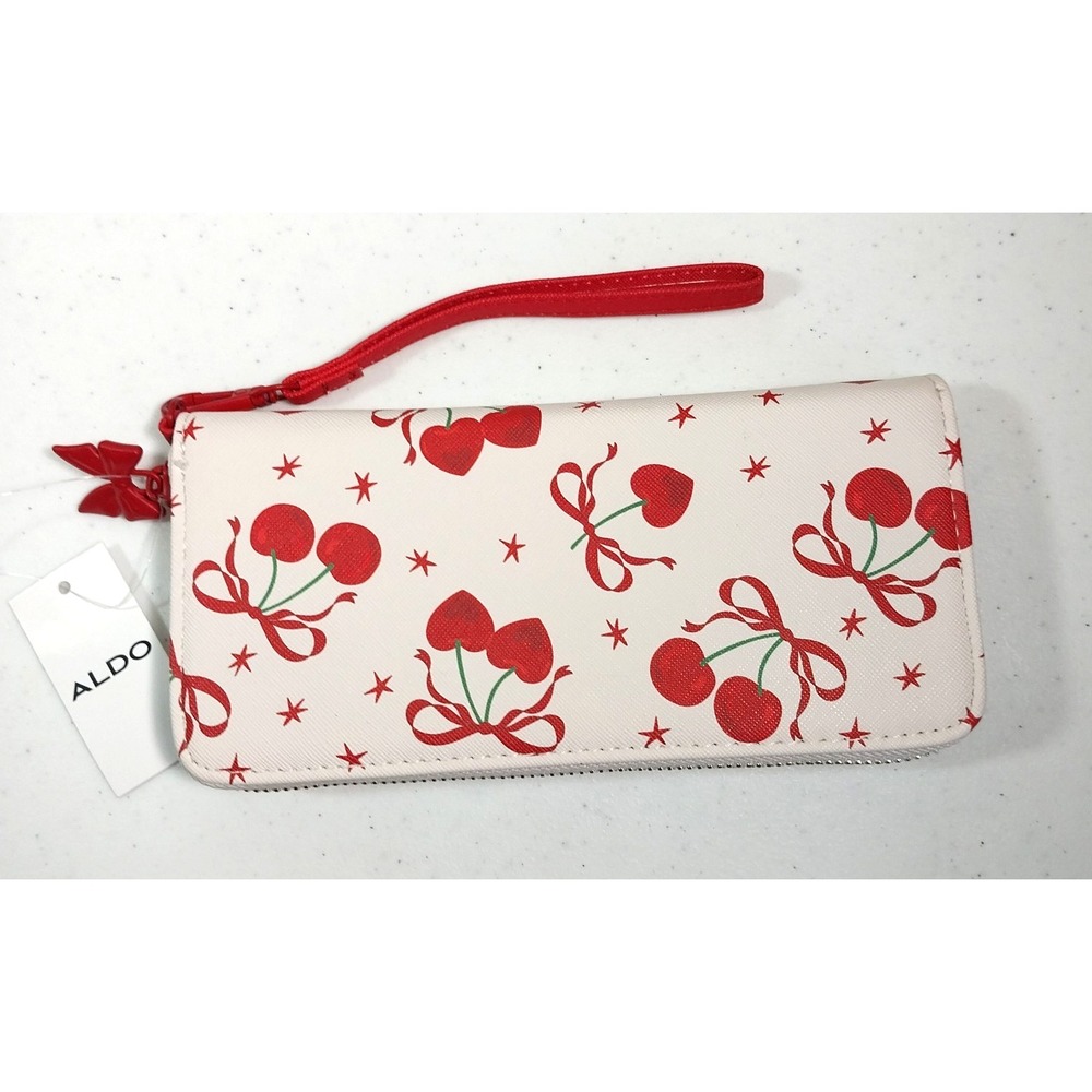 Aldo Women's Wallet Center Pocket & Credit Card Blush Pink w/Red Cherries READ
